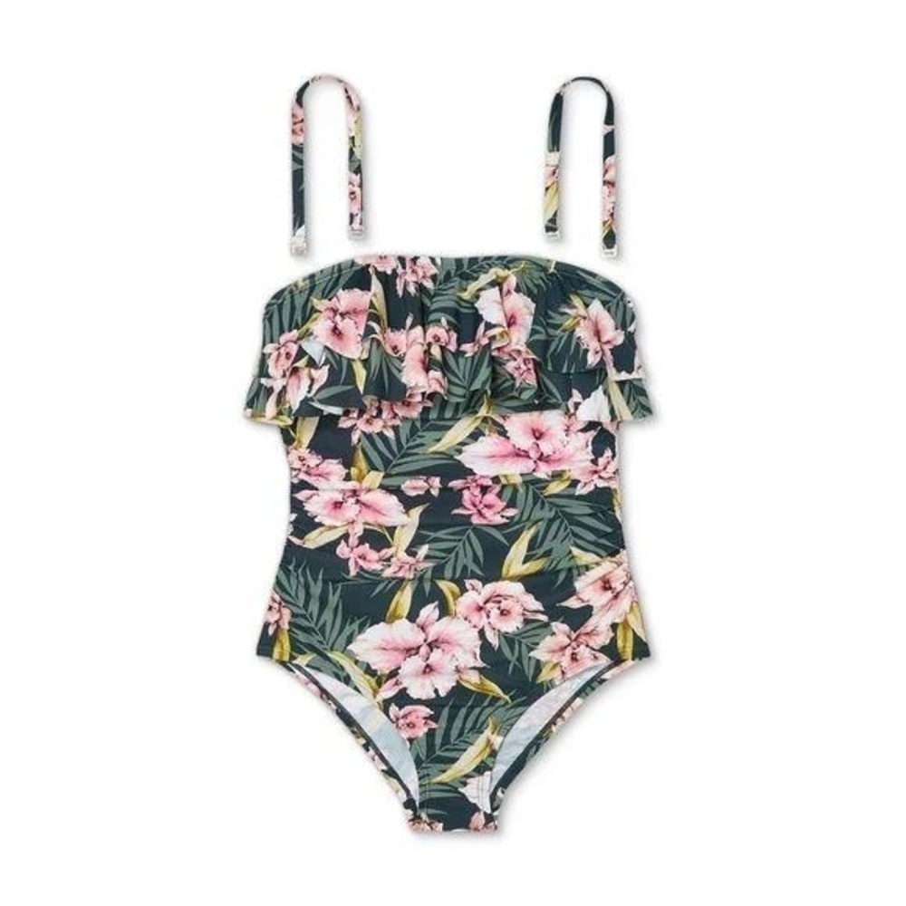 Plus Size Floral Bandeau One Piece Swimsuit 20W Ruffle Tummy Control Tropical